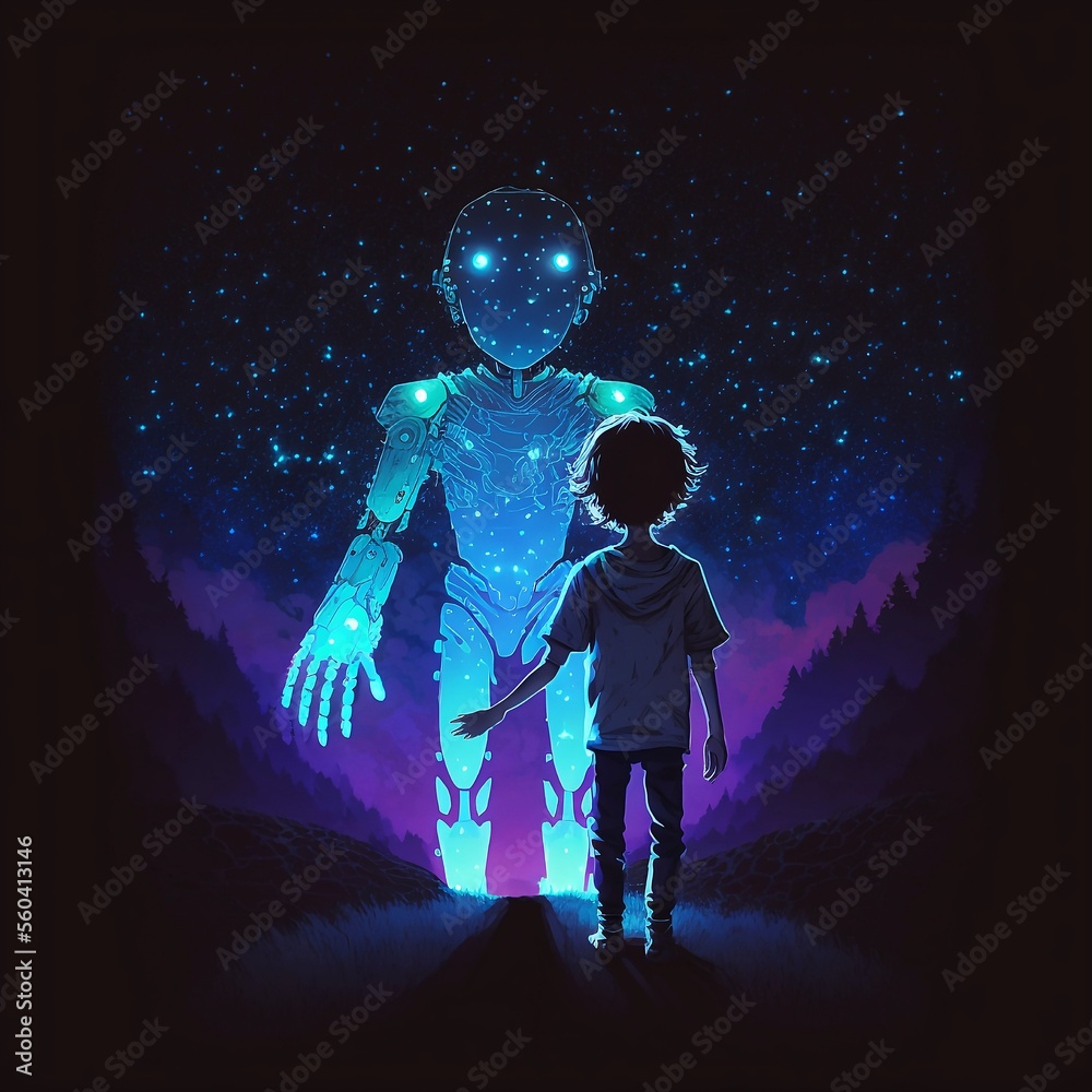 Obraz premium A child facing a holographic himself digital art