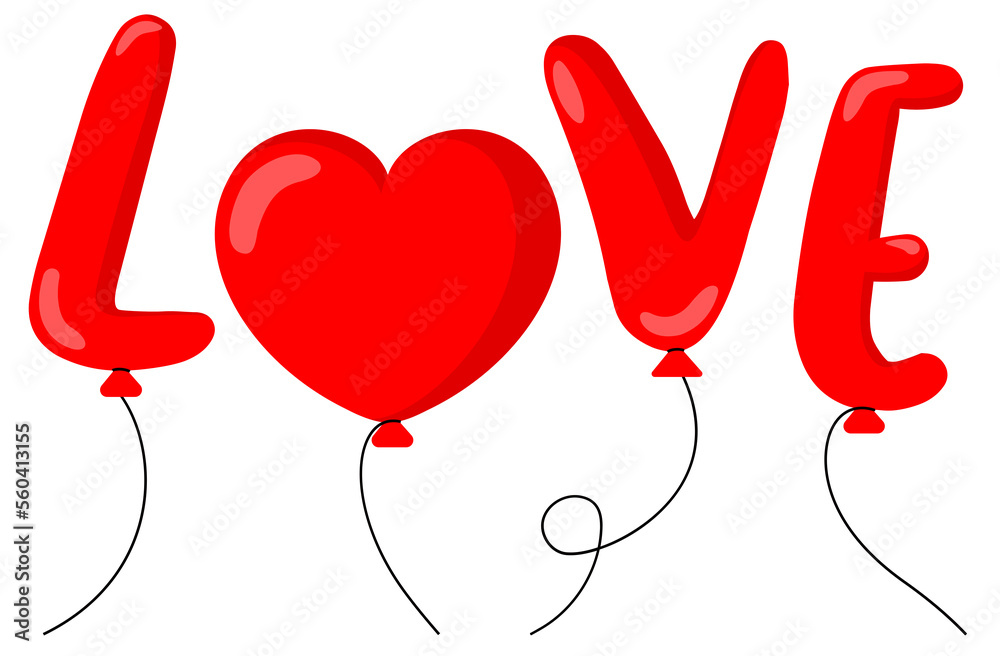 Red balloon in shapes of heart and letter. Happy valentines day. Romantic decorative object, illustration.