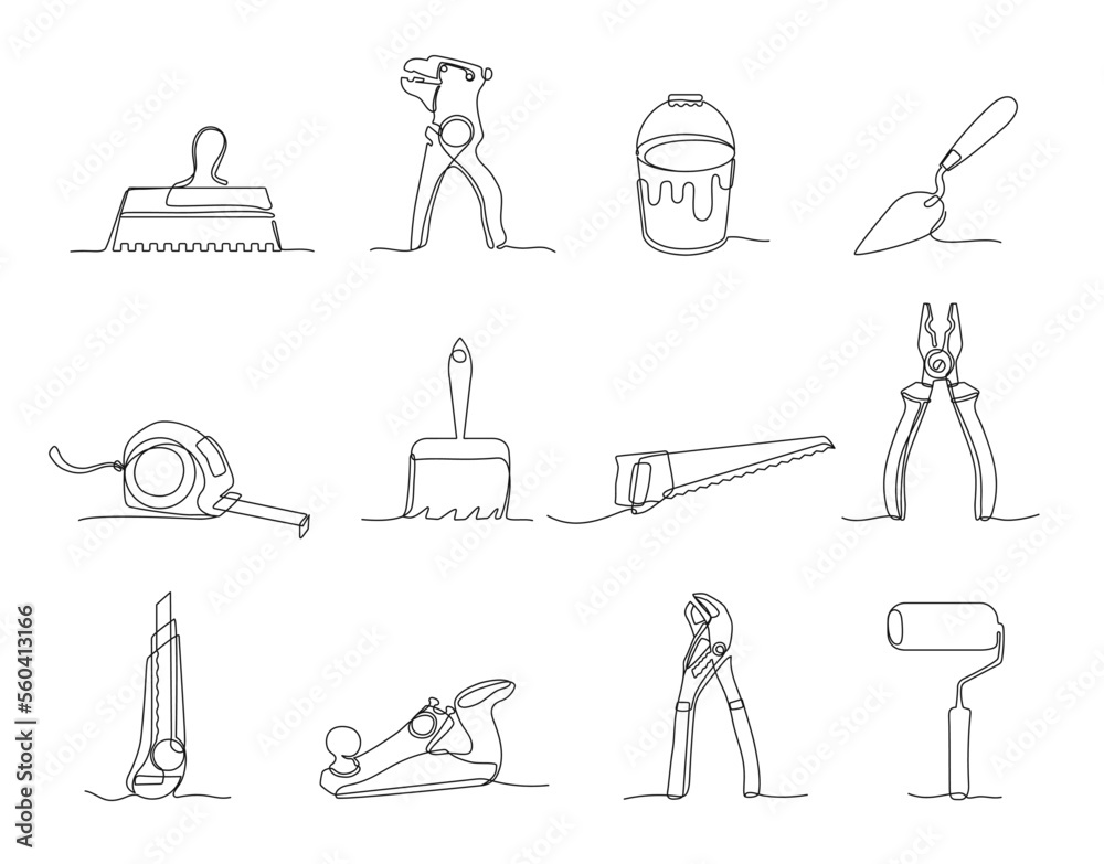 One line home repair tools. Toolkit for construction and redecorating job, interior painting tool vector set One line home repair tools. Toolkit for construction and redecorating job, interior painting tool vector set