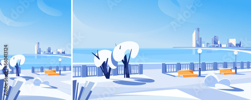 City embankment in winter season. Urban scene in different formats.