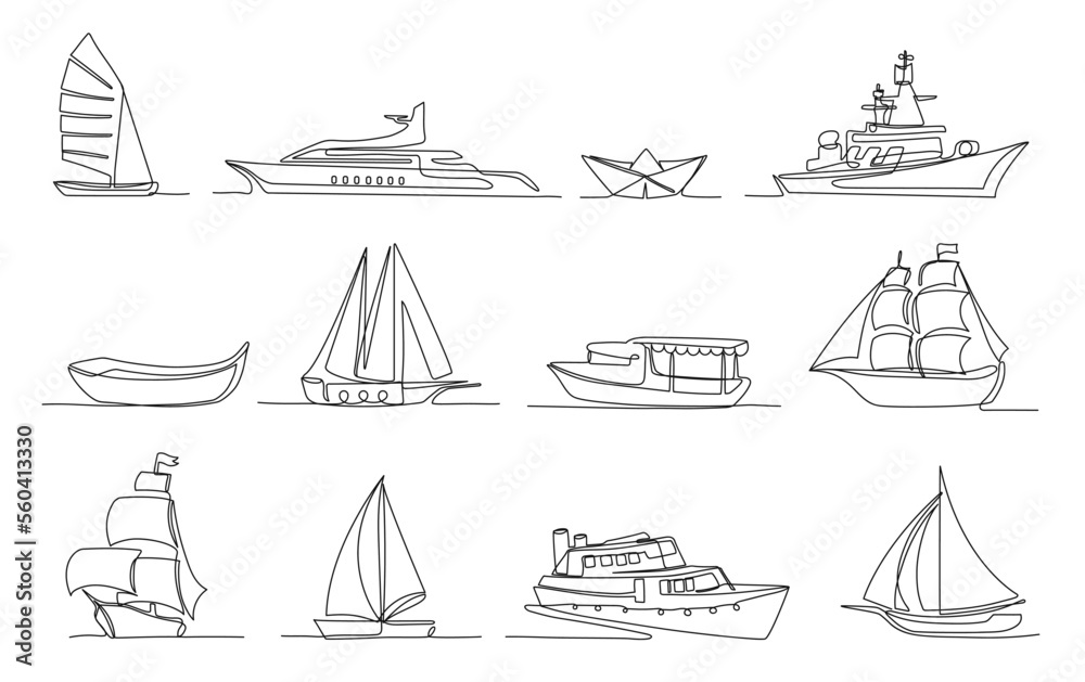 One continuous line boats. Sailboat, military warship, paper boat, sea ship and luxury yacht isolated outline vector illustration set - obrazy, fototapety, plakaty 