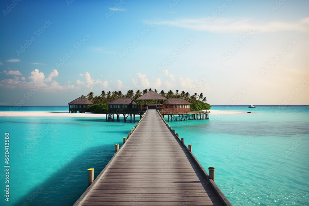 pier and bungalows with turquoise water at summer in maldives island. Vacation concept. generative ai