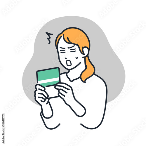 通帳を見てショックを受ける若い女性のシンプルなベクターイラスト素材