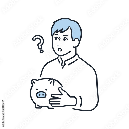 ブタの貯金箱を持つ若い男性のシンプルなベクターイラスト素材
