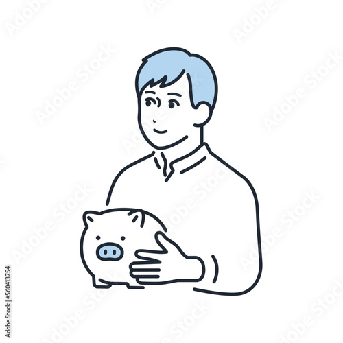 笑顔でブタの貯金箱を持つ若い男性のシンプルなベクターイラスト素材