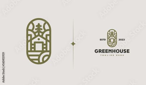 Green House Monoline Logo Illustration. Universal creative premium symbol. Vector sign icon logo template