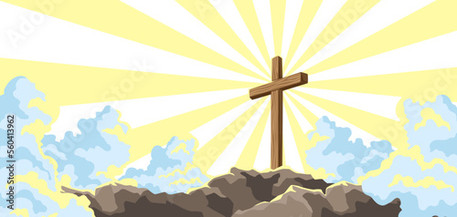 Christian illustration of wooden cross and clouds. Happy Easter image.