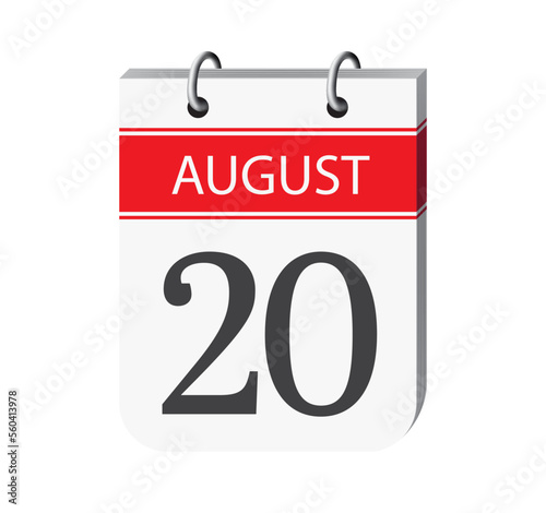 20 august calendar page vector. 3d one day calendar date appointment, deadline, event reminder illustration. Abstract three dimensional daily date appointment, agenda, event calendar.

