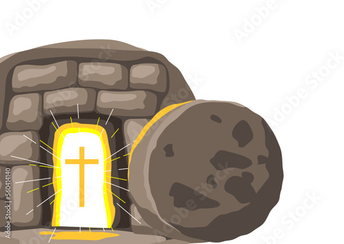 Christian illustration of burial cave. Happy Easter image.