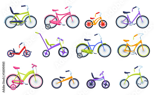 Cartoon kids bicycles. Children bikes for boys and girls, bicycle with training wheels and balance bike vector set