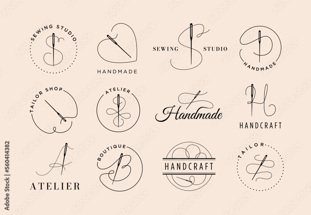 Needle and thread emblem. Sewing studio label, tailor shop and