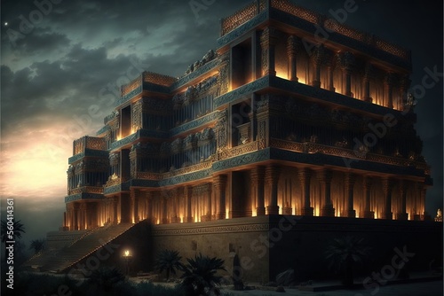 Architecture of Ancient Babylon, ancient temple, neon illumination, moonlight, sunset. Fantasy landscape stone majestic temple. AI