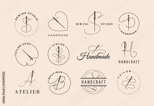 Needle and thread emblem. Sewing studio label, tailor shop and handcraft atelier boutique tag vector illustration set
