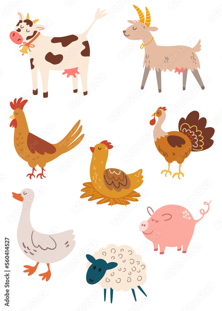 Obraz premium Farm animals. Cow, goat, turkey, rooster, chicken, sheep, goose, pig. Set of farm and countryside. Perfect for printing, logo, logo and product for products. Vector cartoon illustration. 