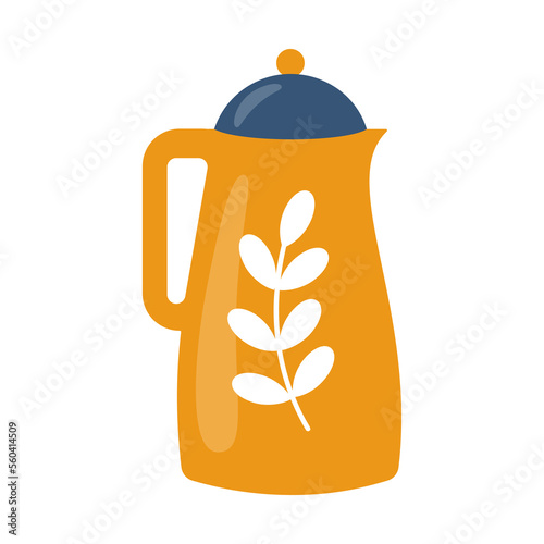 Ceramic teapot with a leaf. Tea, coffee or kitchen crockery theme. Vector illustration isolated on white background. 