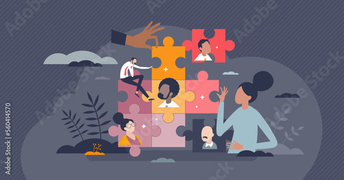 Community organization with work for social wellbeing tiny person concept. Team members joined together in collaboration, partnership or connection for collective society projects vector illustration