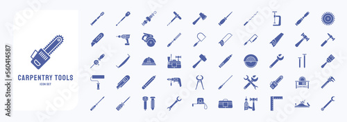 Carpentry and Woodwork equipment, tools icon collection