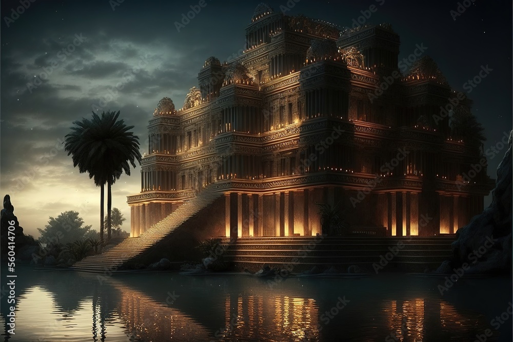 Architecture of Ancient Babylon, ancient temple, neon illumination, moonlight, sunset. Fantasy landscape stone majestic temple. AI - obrazy, fototapety, plakaty 
