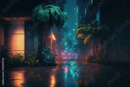 Night tropical city in cyberpunk style, neon light, tropical plants, rain, wet asphalt, water. AI © MiaStendal