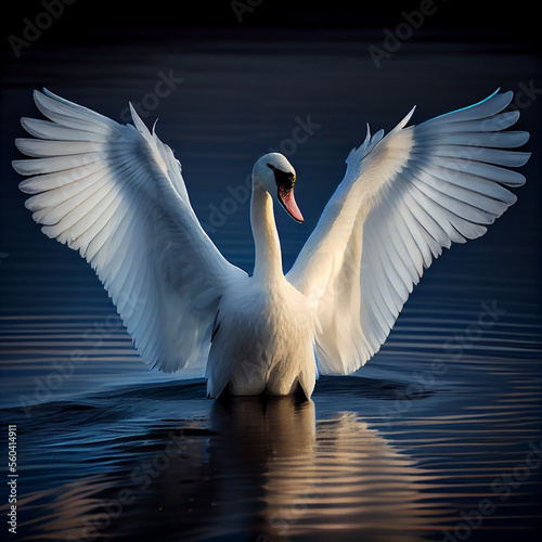 White swan spreading wings, created with Generative AI technology.