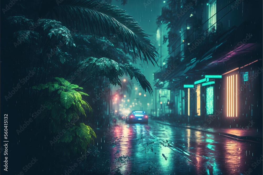 Night tropical city in cyberpunk style, neon light, tropical plants, rain, wet asphalt, water. AI