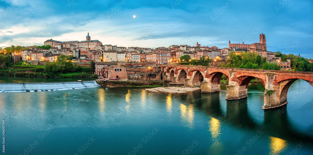 Panoramic view of Albi Old town at night, France