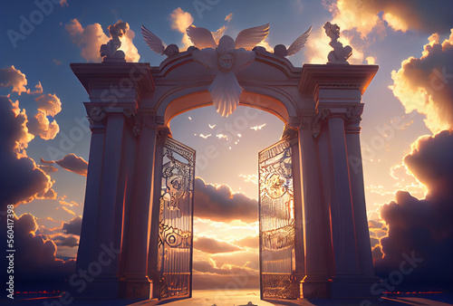 The gates of heaven. Generative AI Art. Architectural element in the sky with clouds. Sunny light.