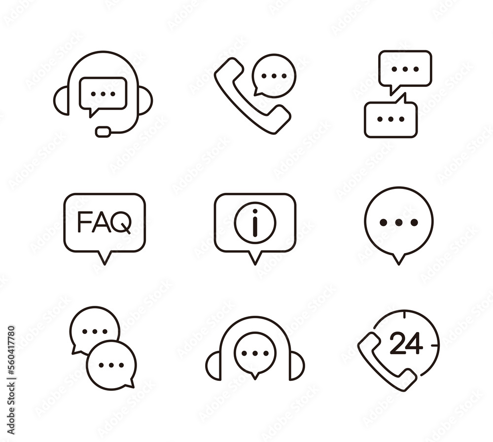 Set of shopping mall related line icons such as consultation, call, call, inquiry, conversation, chat, question, answer in simple and minimal style. - obrazy, fototapety, plakaty 