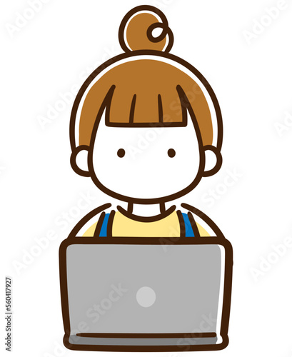 パソコンの前に座りおしゃれなお団子頭の女性の上半身イラスト