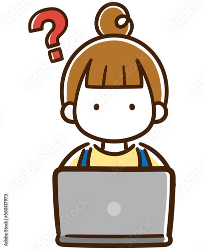 パソコンを使っていてわからないことがあるお団子頭のおしゃれな若い女性のシンプルなイラスト