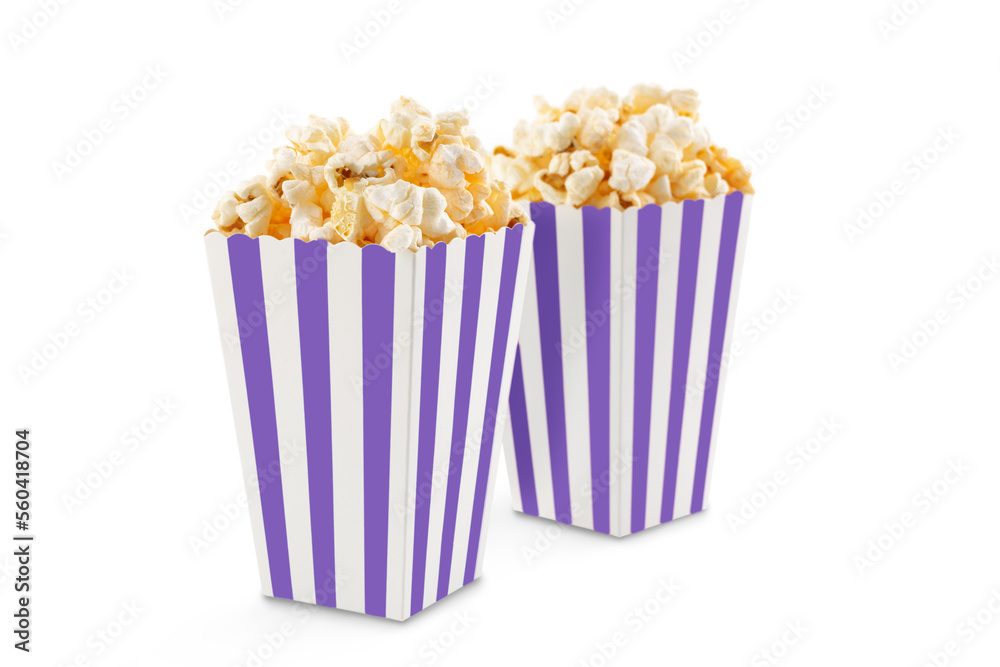 Two purple white striped carton buckets with tasty cheese popcorn, isolated on transparent background, PNG. Movies, cinema and entertainment concept. Two purple white striped carton buckets with tasty cheese popcorn, isolated on transparent background, PNG. Movies, cinema and entertainment concept.