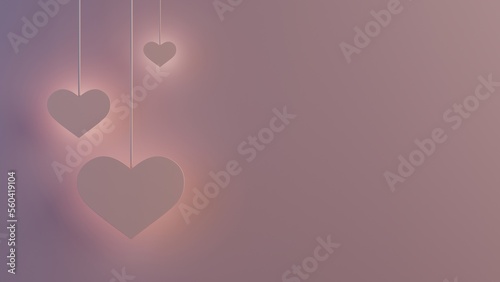 3d render of valentine's card with set of light emissive hearts with different sizes in pink colors on pink background