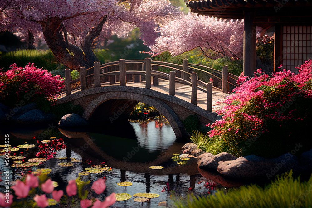 Asian garden with pond small bridge and sakura trees. Cherry