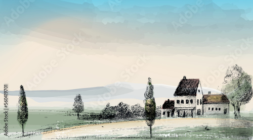 Rural european landscape sketch with watercolor artisitic spots. Minimal abstract background. Farmland scenery, Tuscan residence. 