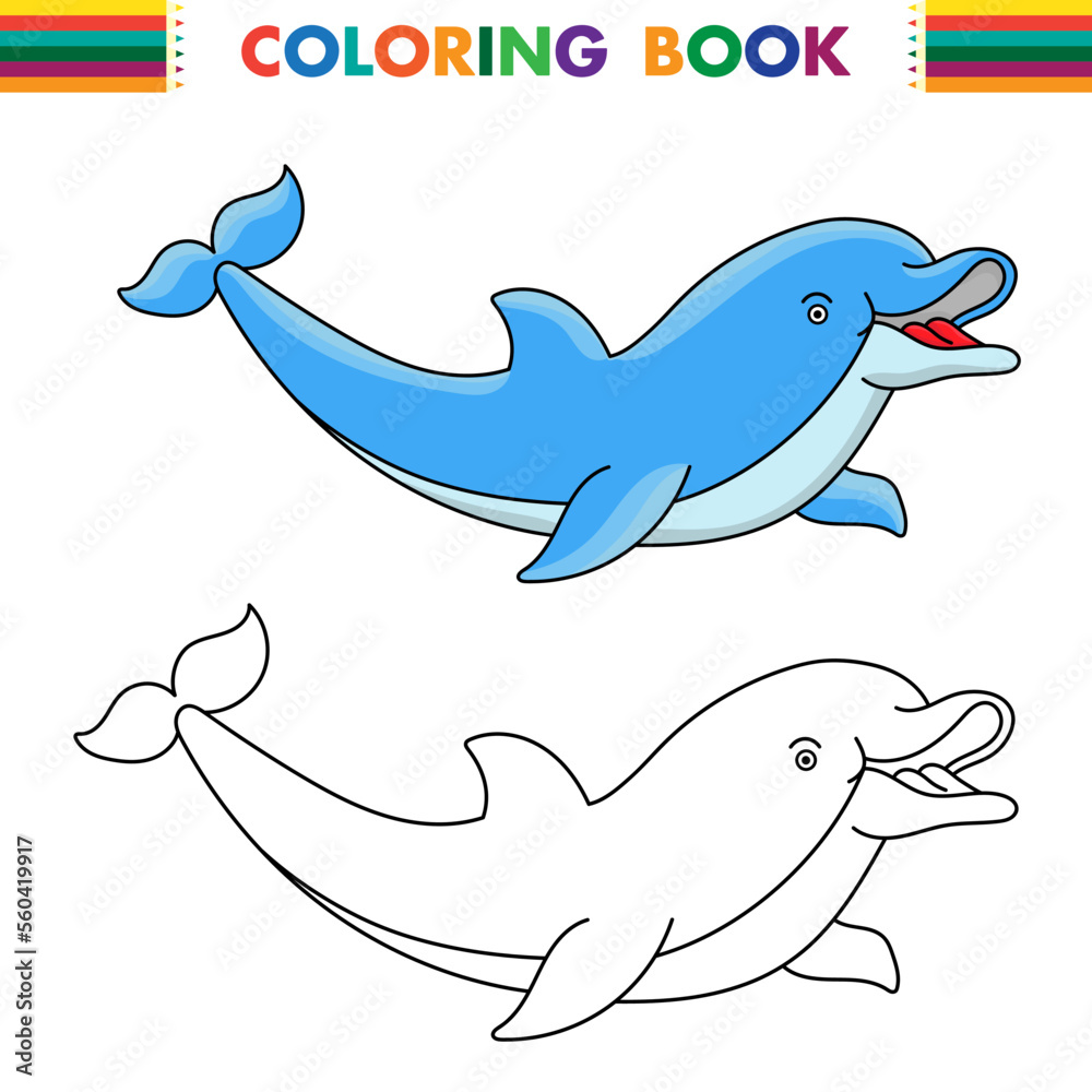 Fototapeta premium Black and White Cartoon Vector Illustration of Dolphin Sea Life Animal for Coloring Book