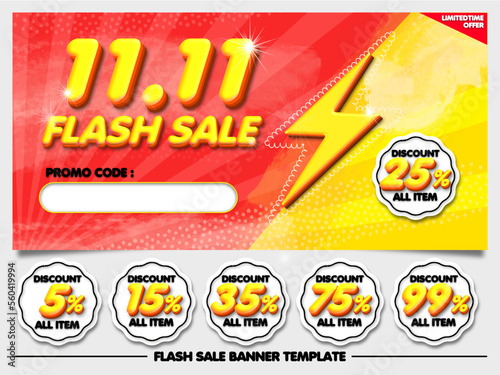 bundle flash sale 11.11 banner diiscount red yellow with element sticker 5%,15%,25%,35%,75%