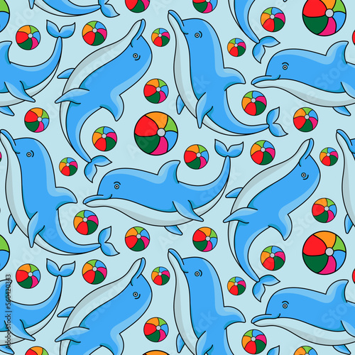 Seamless Pattern dolphins in different poses, vector illustration of marine animals. Painted dolphins swim and players in dolphinarium
