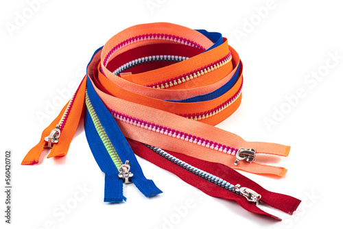 Assorted YKK Nylon Zippers. The Hottest Colors of The Season-Great for Sewing Craft Projects. Bright zipper of different colors and variants in the textile industry. photo