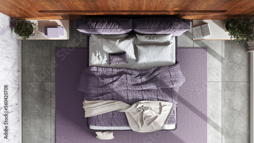 Modern bedroom with wooden headboard in white and purple tones. Velvet bed, bedding, pillows and carpet. Top view, plan, above. Minimalist interior design