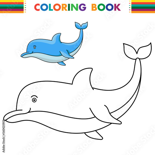 Coloring pages. Marine wild animals. Little cute baby dolphin smiles.