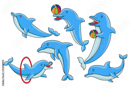 Dolphins with balls. Cute cartoon blue dolphin character play, jump through hoop and draw. Marine animal dolphinarium performance vector set. Dolphin show performance jump hoop illustration
