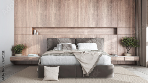 Modern bedroom with bleached wooden headboard in white and beige tones. Velvet bed, bedding, pillows and carpet. Contemporary interior design