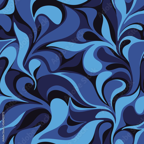 Seamless pattern with abstract curly floral ornament. Modern endless camo texture with drops and leaves. Vector background.