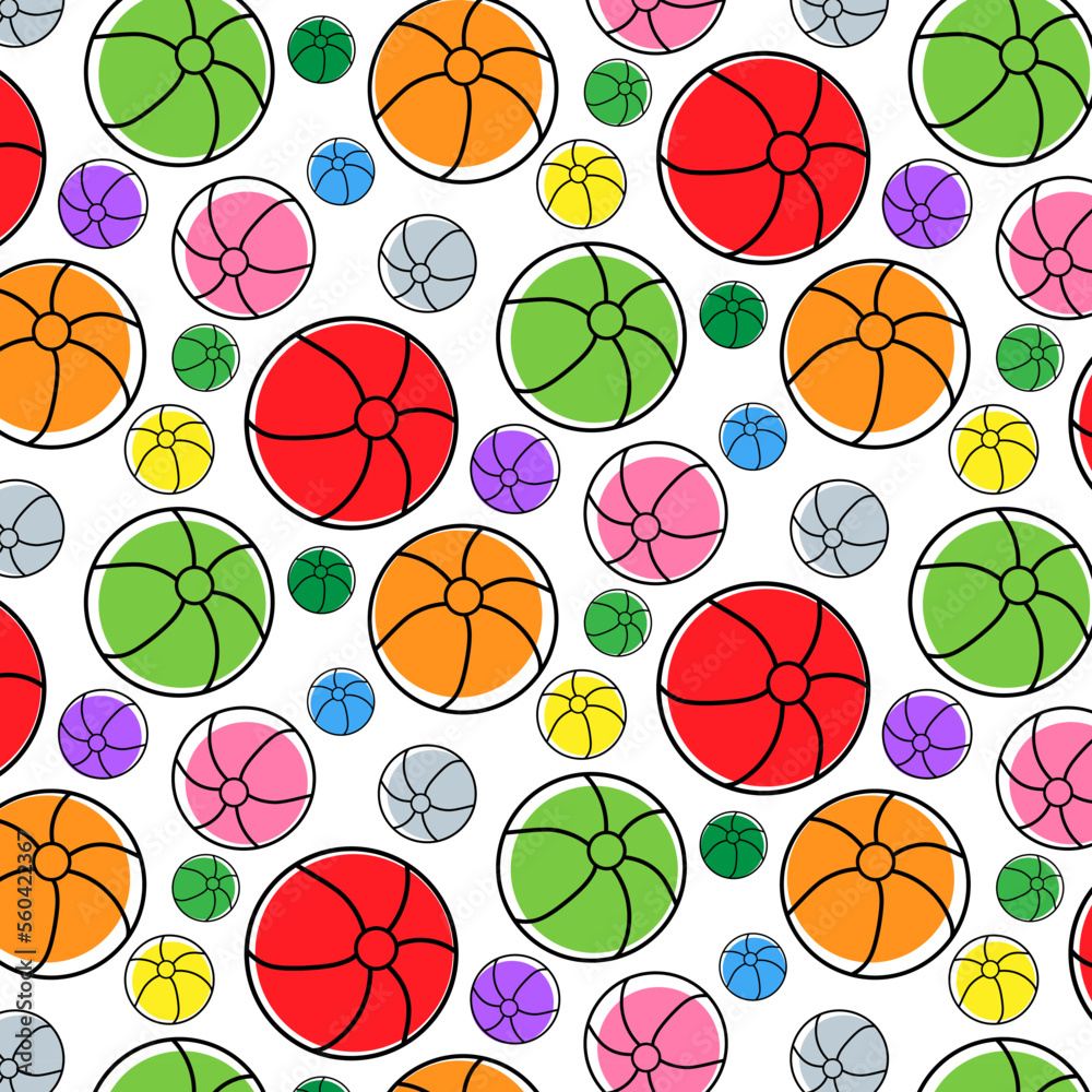 Seamless pattern with colorful beach balls on white background. Baby pattern.