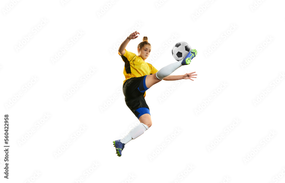 Goalkeeper. Young professional female football, soccer player in motion, training, playing isolated over white background