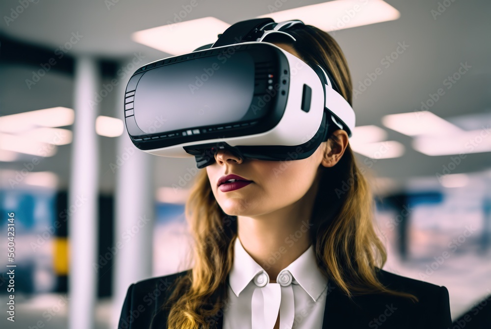 Businesswoman wearing VR headset Businesswoman wearing VR headset