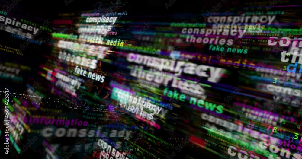 Conspiracy theories media and abstract screen 3d seamless looped. Fly between glitch and noise text concept of disinformation, fake news, hoax, false information and propaganda.