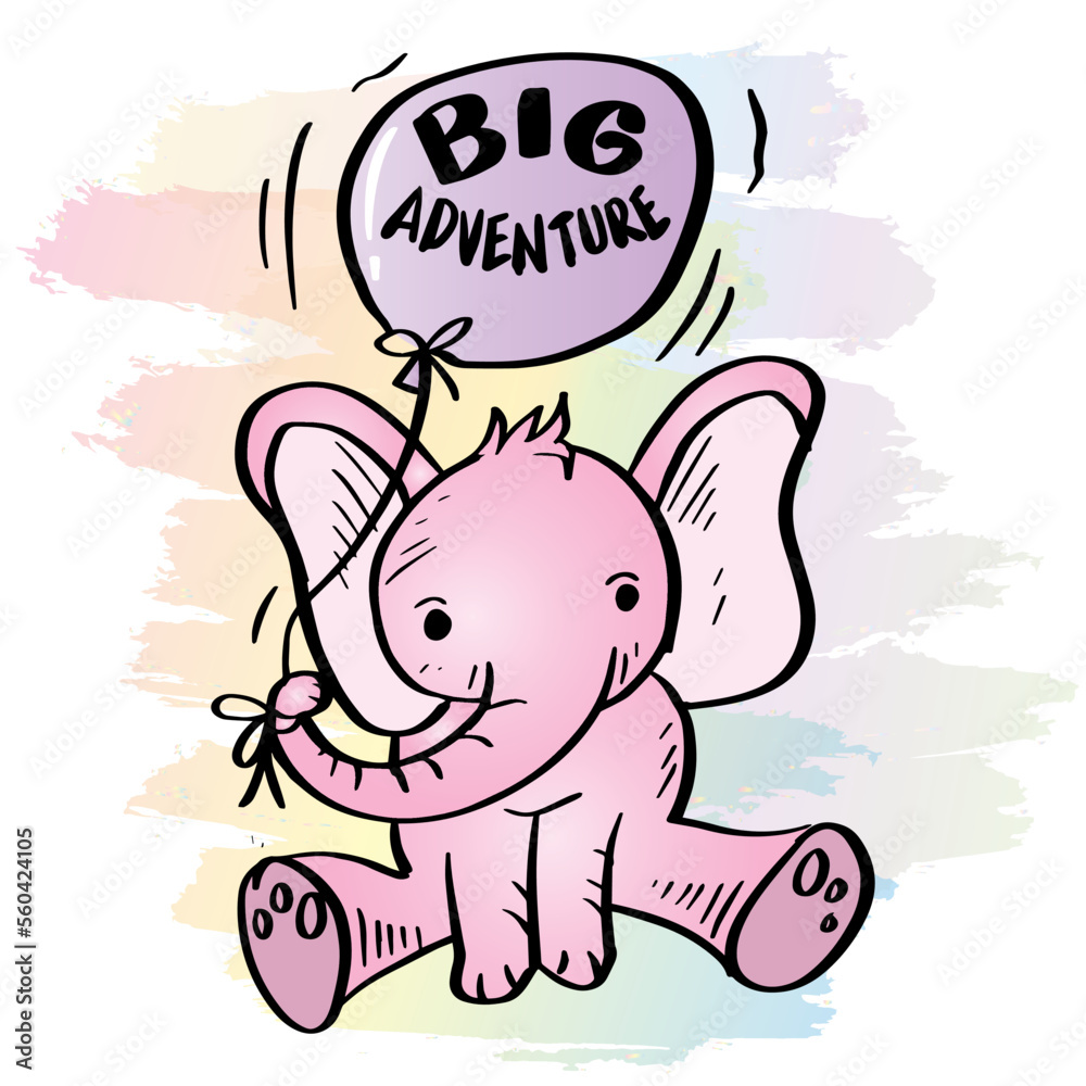 Big adventure lettering with cute cartoon elephant
