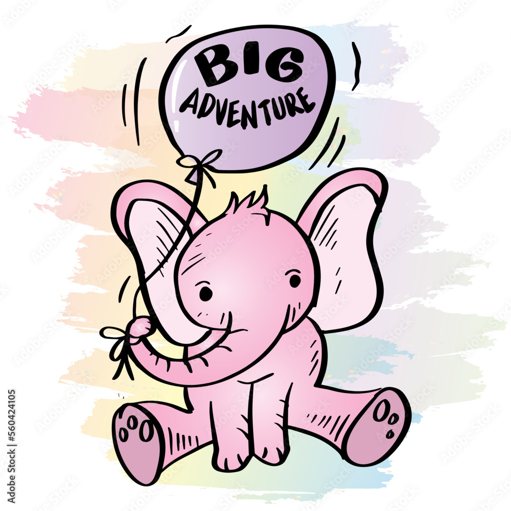 Obraz premium Big adventure lettering with cute cartoon elephant