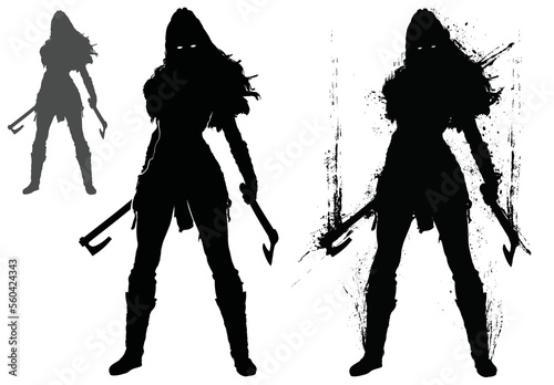 A cruel and terrifying Scandinavian Viking girl stands in a defiant pose with two axes in her hand, she has a muscular body and demonic glowing eyes, 2d blob silhouette art